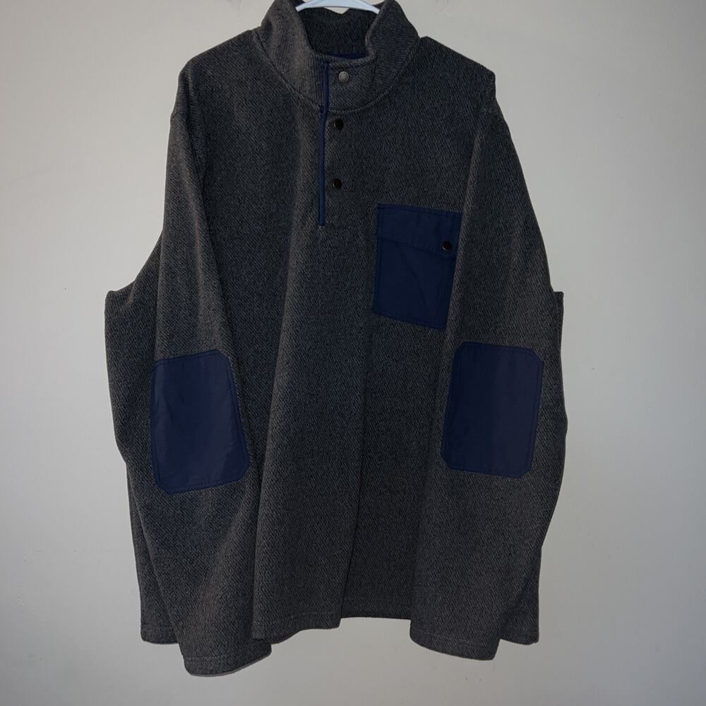 L.L. Bean Sweater Fleece Pullover Mens XXL Tall Gray Blue 1/4 Snap Elbow Patch